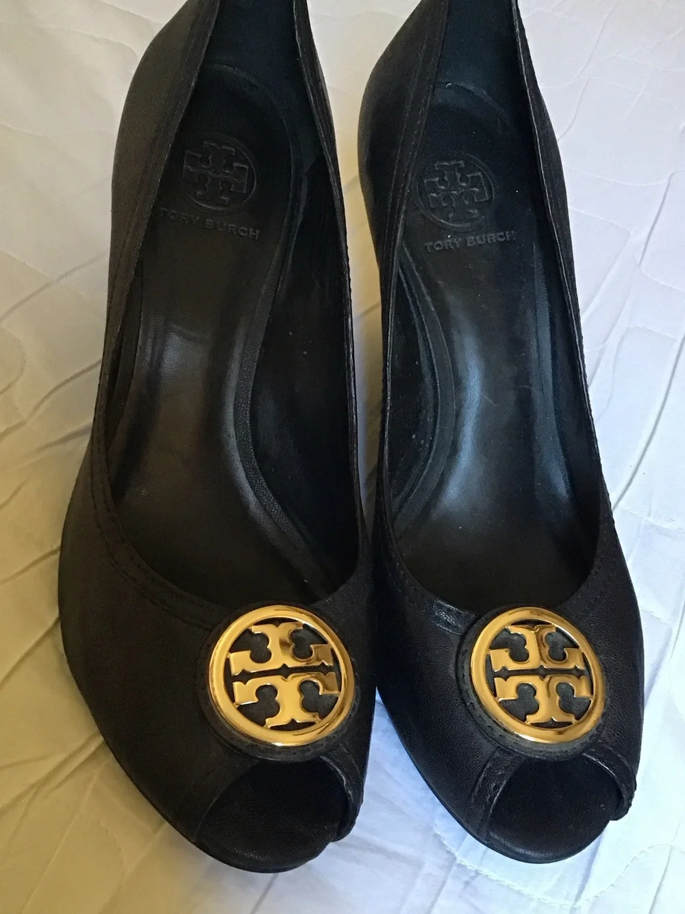 Tory Burch Black Peep-Toe Flats with Gold Logo
